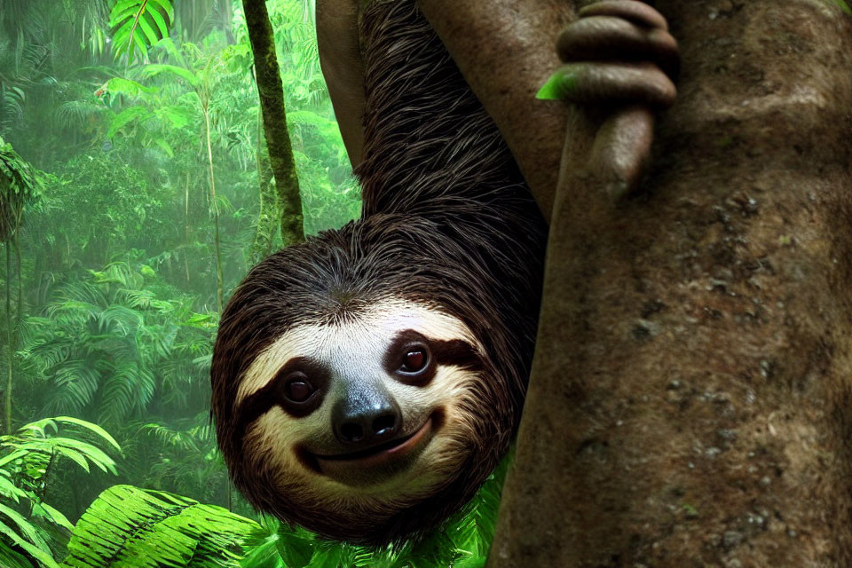 Gentle sloth hanging in lush green jungle