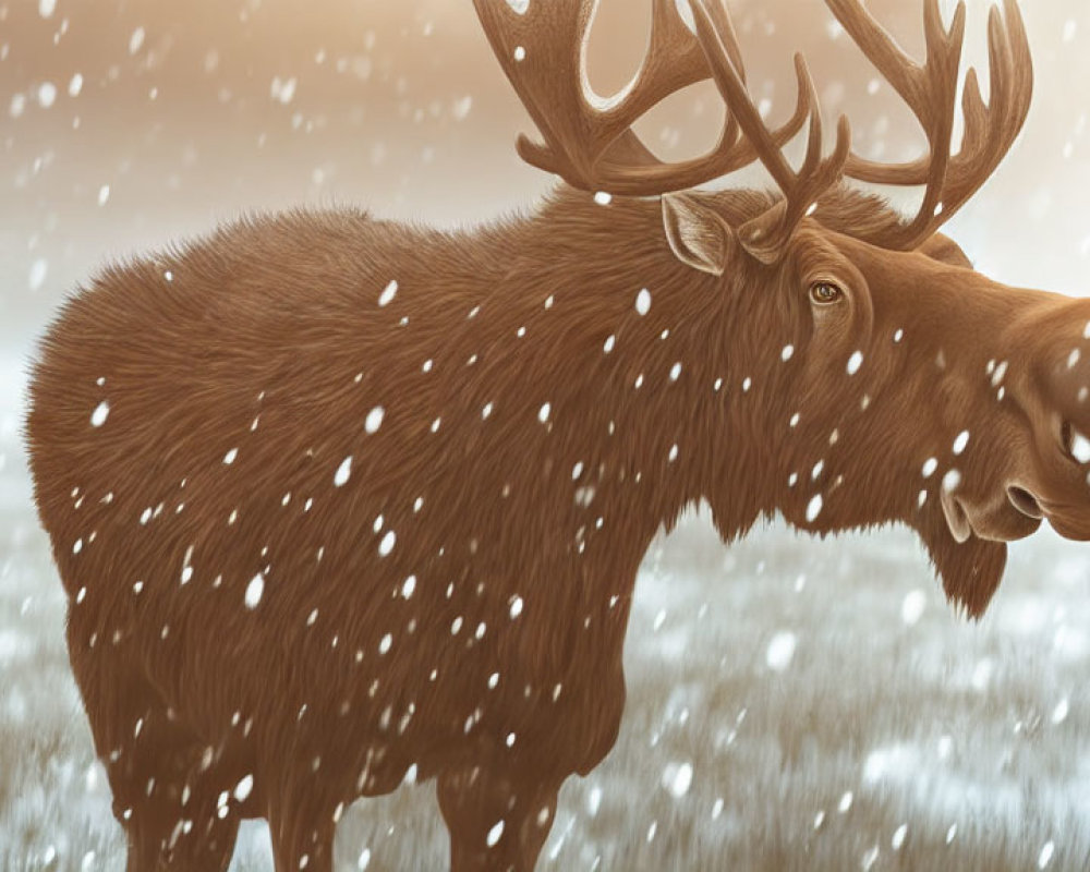 Majestic moose with large antlers in snowy winter landscape