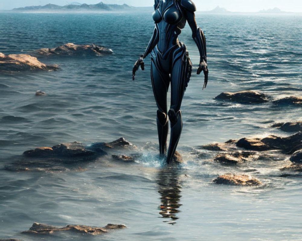 Futuristic figure in sleek suit on water with UFOs and mountains