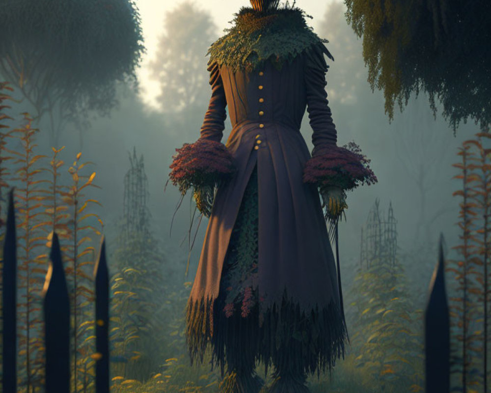 Scarecrow in dress and hat with flowers in misty field at dusk