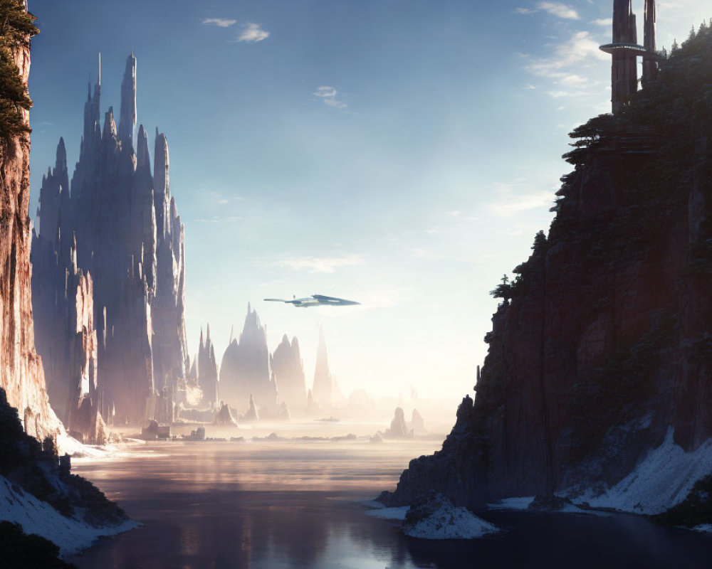 Futuristic landscape with towering rock formations, serene water, and spaceship.