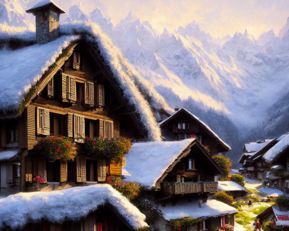 Scenic snow-covered chalets and mountain peaks in soft light