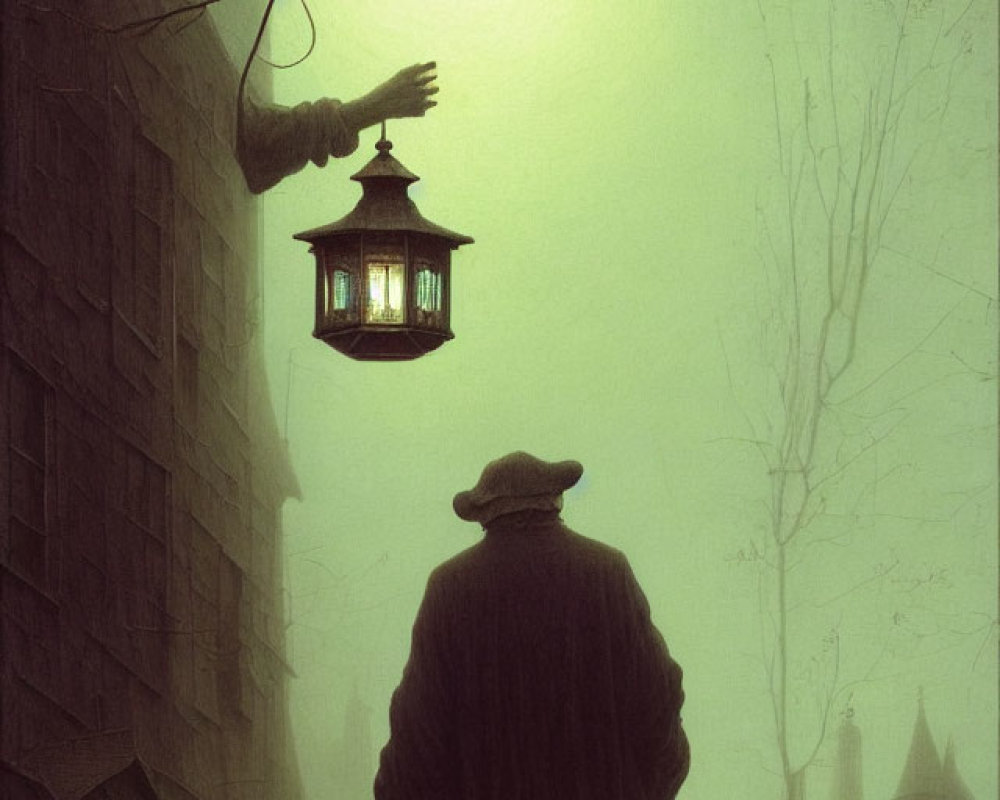 Mysterious figure in hat and coat in foggy alley with rooftops.