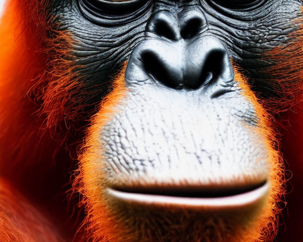 Orangutan with contemplative eyes and vibrant orange fur