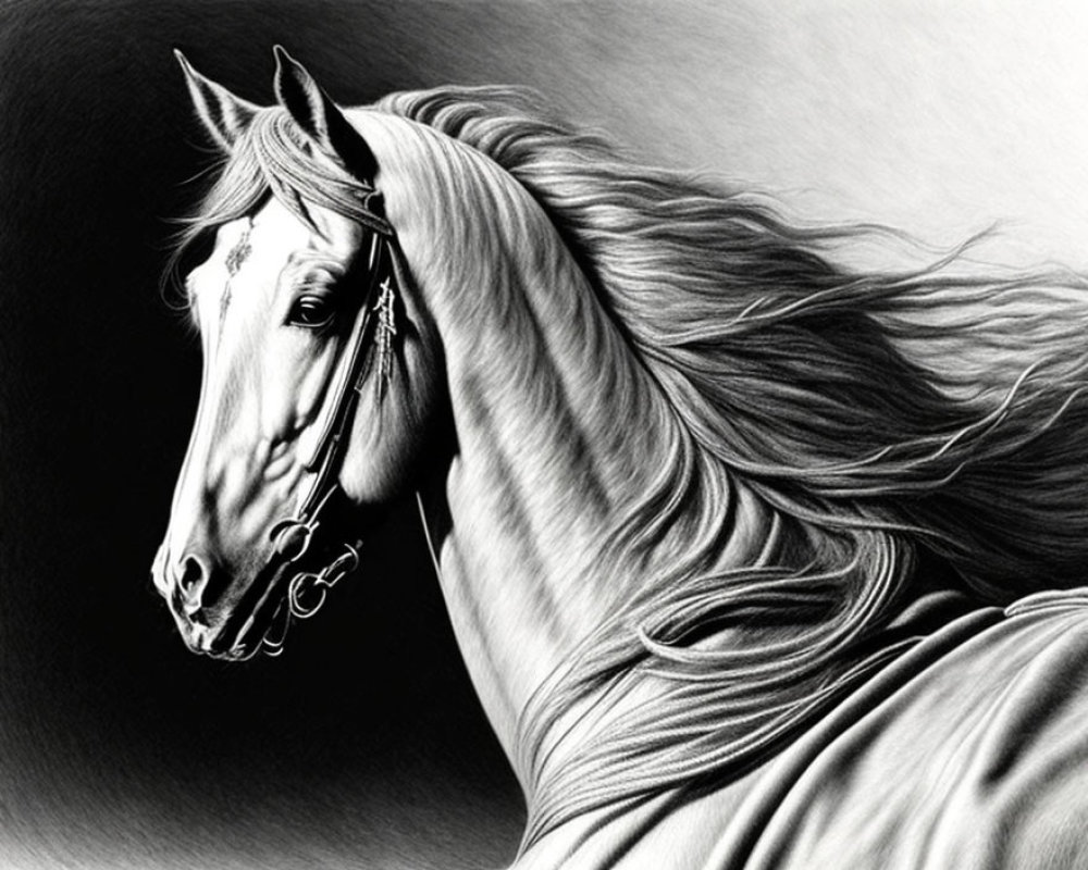 Realistic black and white pencil drawing of a majestic horse with flowing mane.