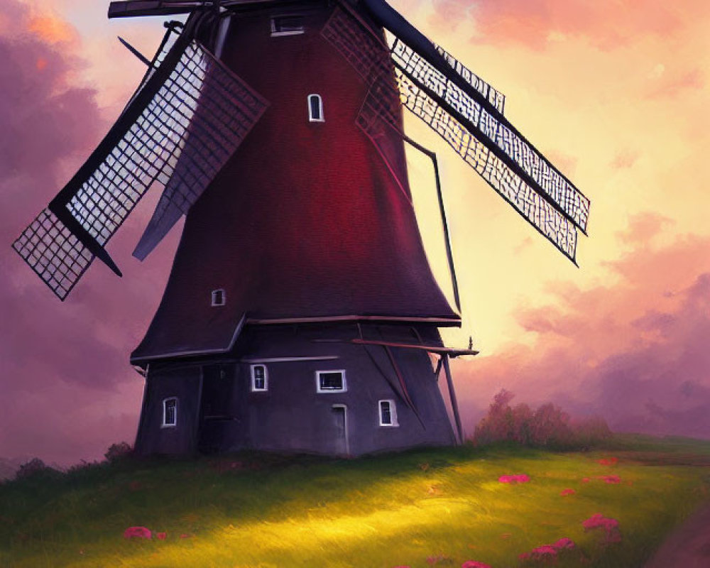 Sunset scene with traditional windmill, vibrant skies, flowers, and dirt path