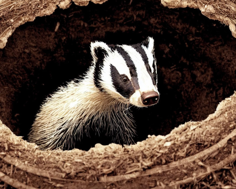 European Badger with Black and White Facial Markings Peeking from Burrow