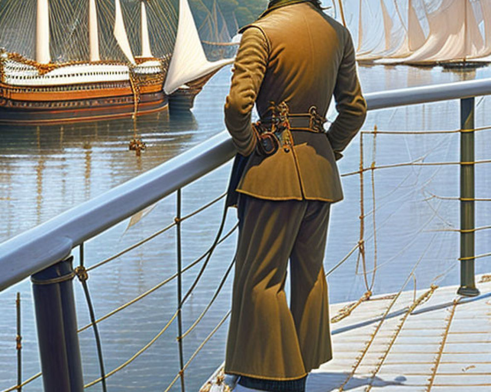 Vintage Naval Officer Stands on Ship Railing Amid Tall Ships