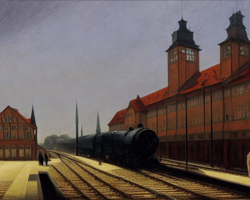 Vintage Steam Locomotive at Station with People and Historic Buildings