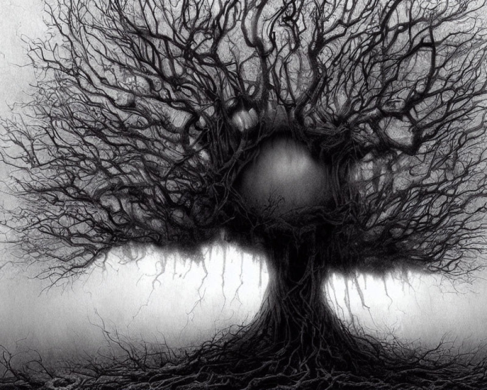 Monochrome pencil drawing of intricate, twisted tree under misty sky