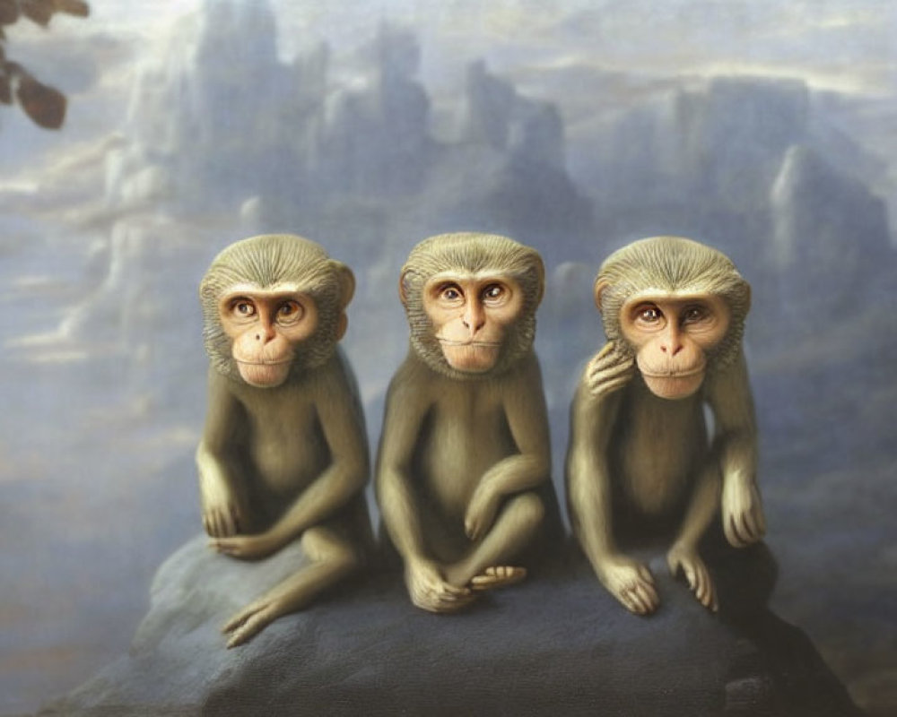 Three monkeys on rock: ears, mouth, eyes covered, misty mountain background