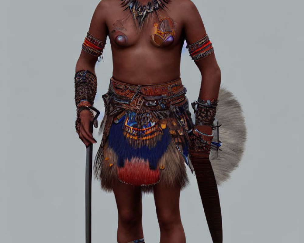 Digital illustration of a person in tribal attire with swords & fierce expression