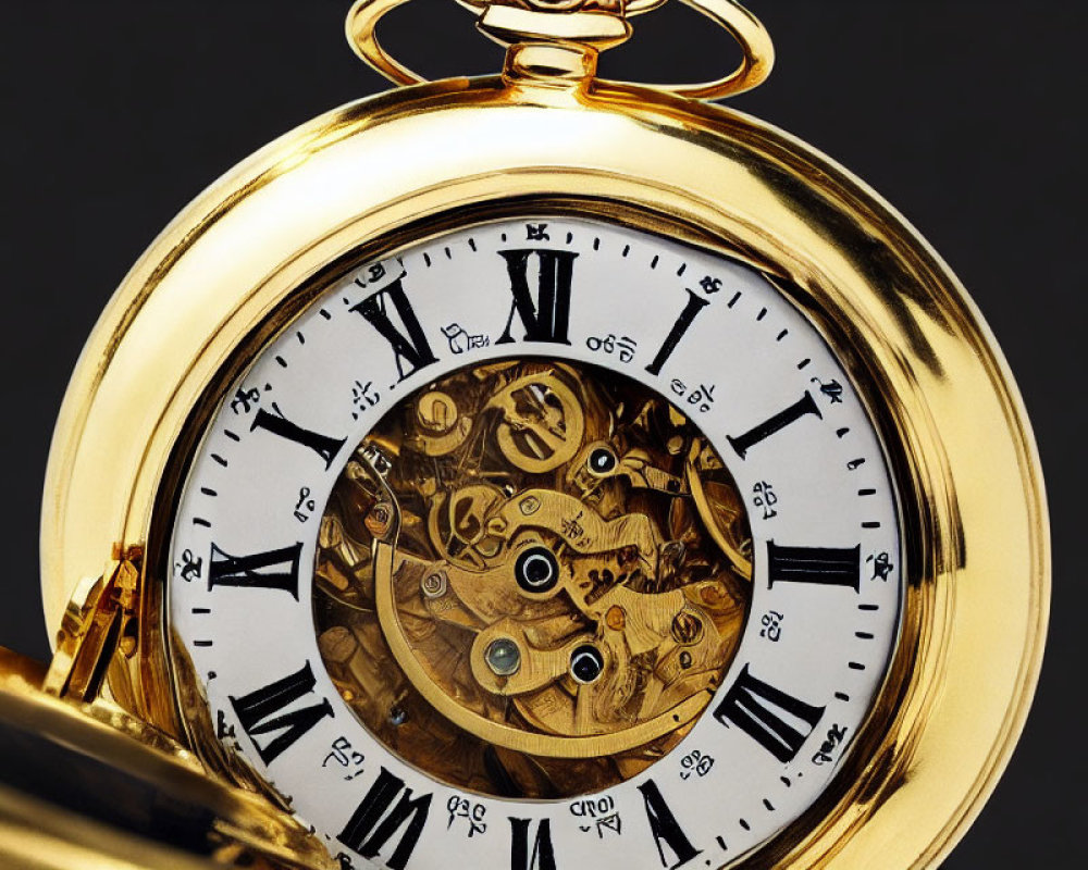 Detailed Gold Pocket Watch with Visible Gears and Roman Numerals on Black Background