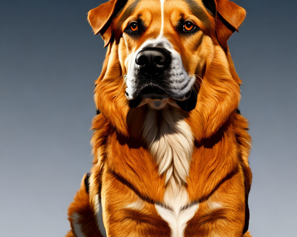 Large Brown and Black Dog with Solemn Expression Against Gray Background