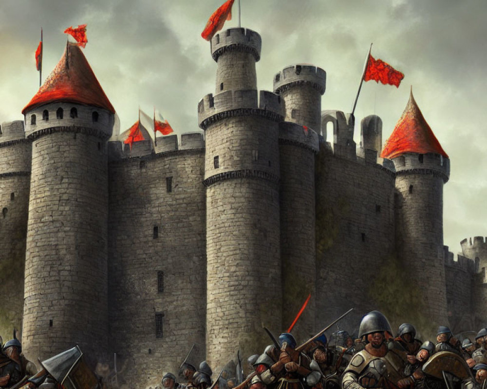 Medieval stone castle with red flags, armored soldiers, and towers.