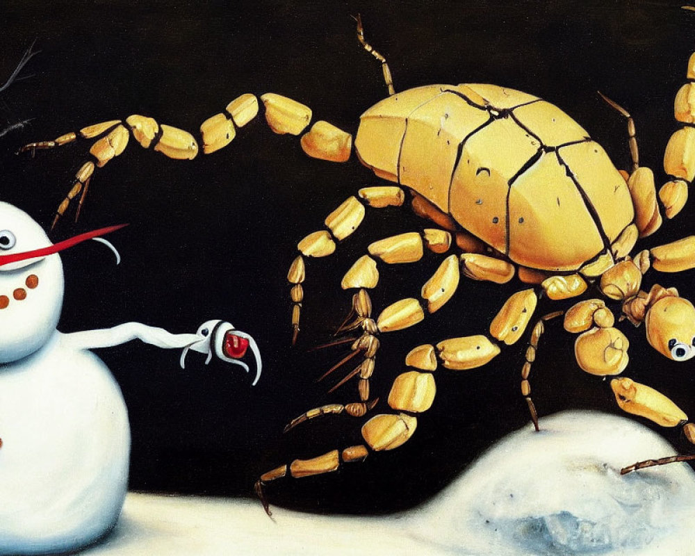 Surreal painting: Golden crab faces smiling snowman