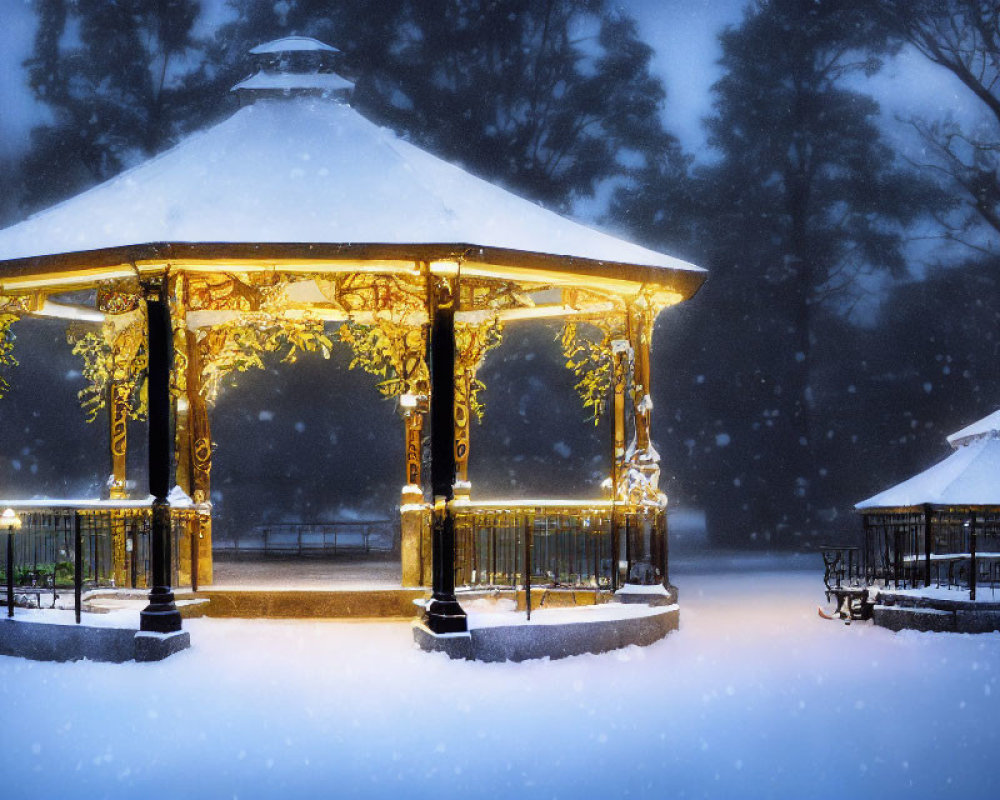 Snow-covered park at night with illuminated golden gazebo and trees.