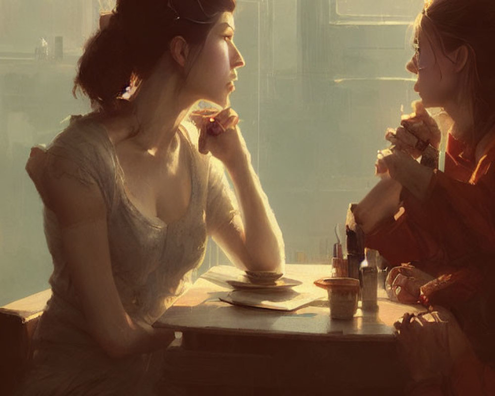 Serene moment: Two women by window, one gazing, other with drink