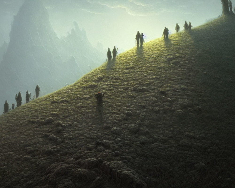 Figures on grassy hill in misty mountain landscape