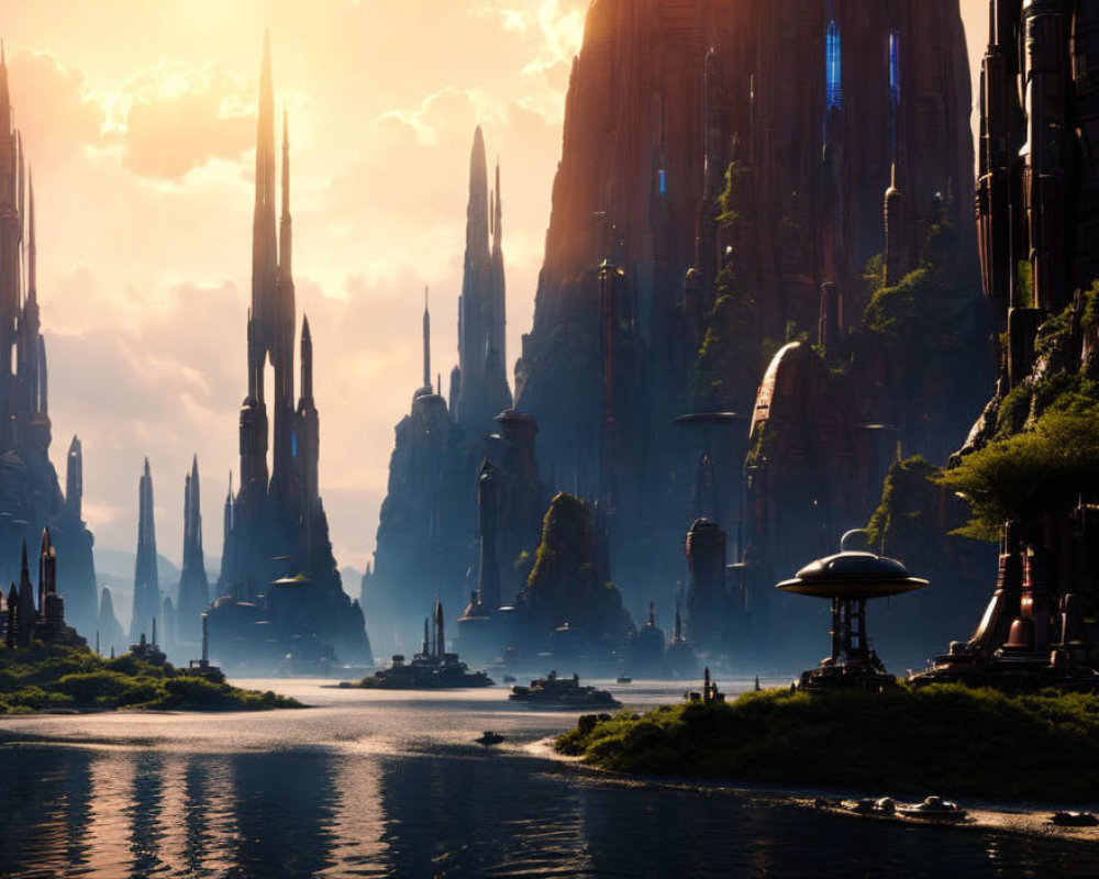 Futuristic sci-fi landscape with towering skyscrapers and lush green foreground