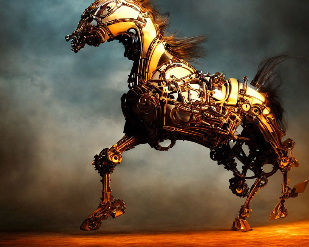 Intricate steampunk horse sculpture with metal gears on amber background