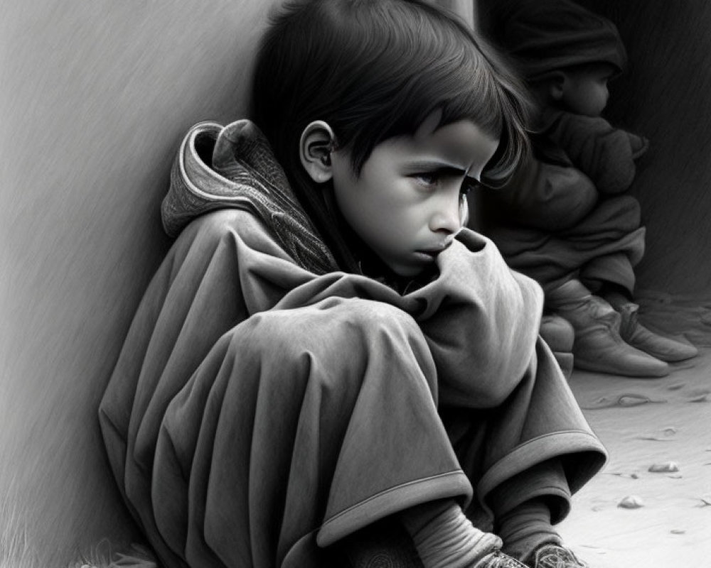 Monochromatic image of child in oversized sweater with weary expression