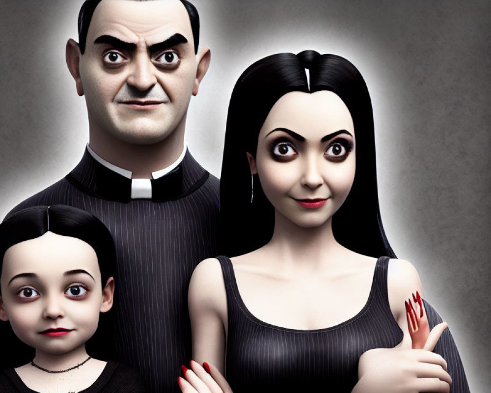 Pale-skinned animated Gothic family of four in black attire, with dark hair and dresses