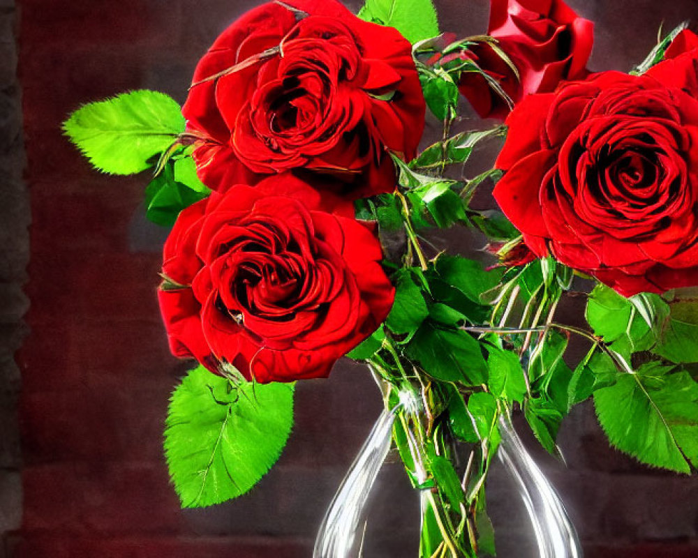 Red Roses Bouquet in Clear Vase on Wooden Surface Against Maroon Background