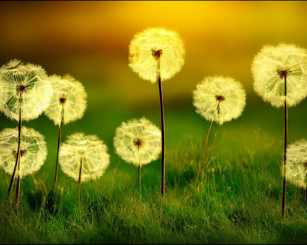 Dandelion seed heads in field at sunset