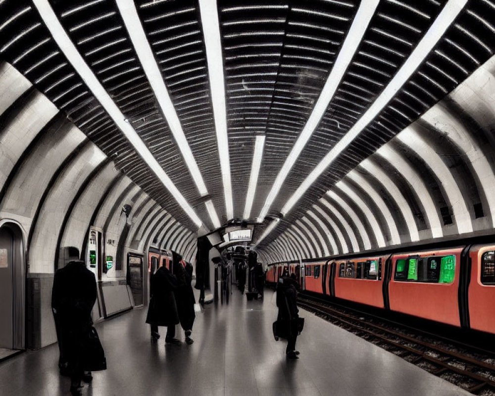 Modern Subway Station with Arched Ribbed Ceiling Design and Passengers Boarding Red and Green Train