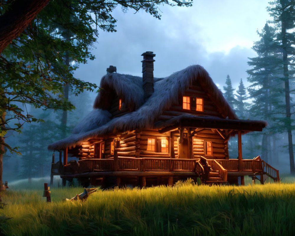 Thatched Roof Log Cabin in Forest Clearing at Twilight