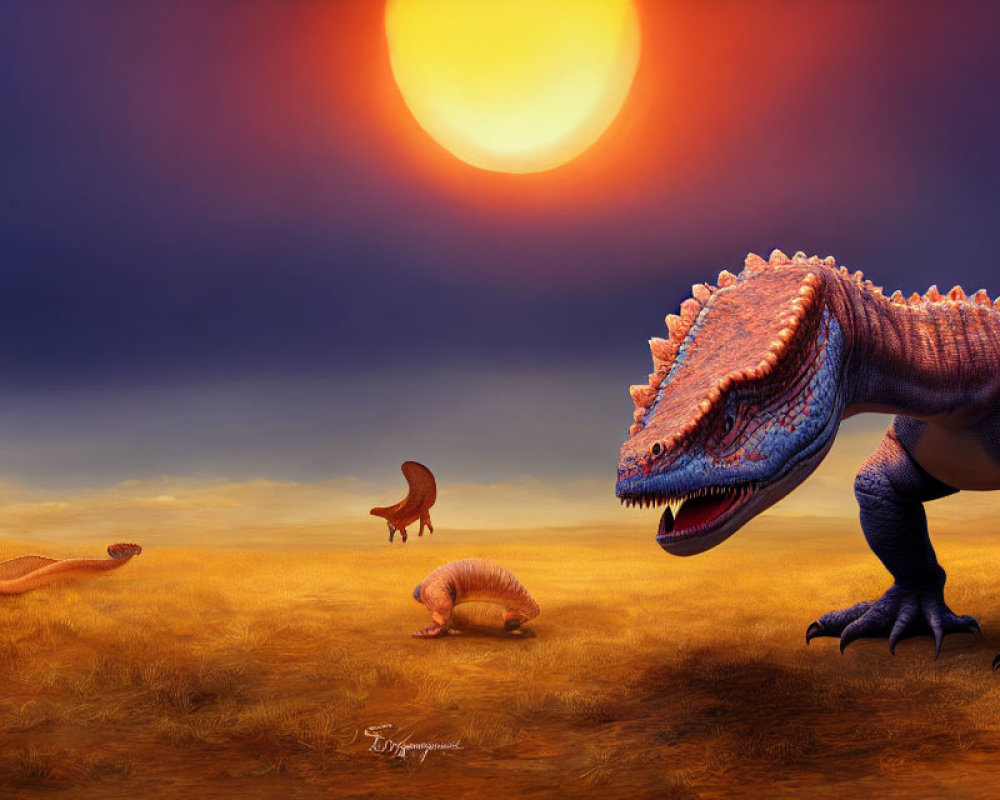 Digital Art: Dinosaurs in Prehistoric Landscape with Glowing Sun