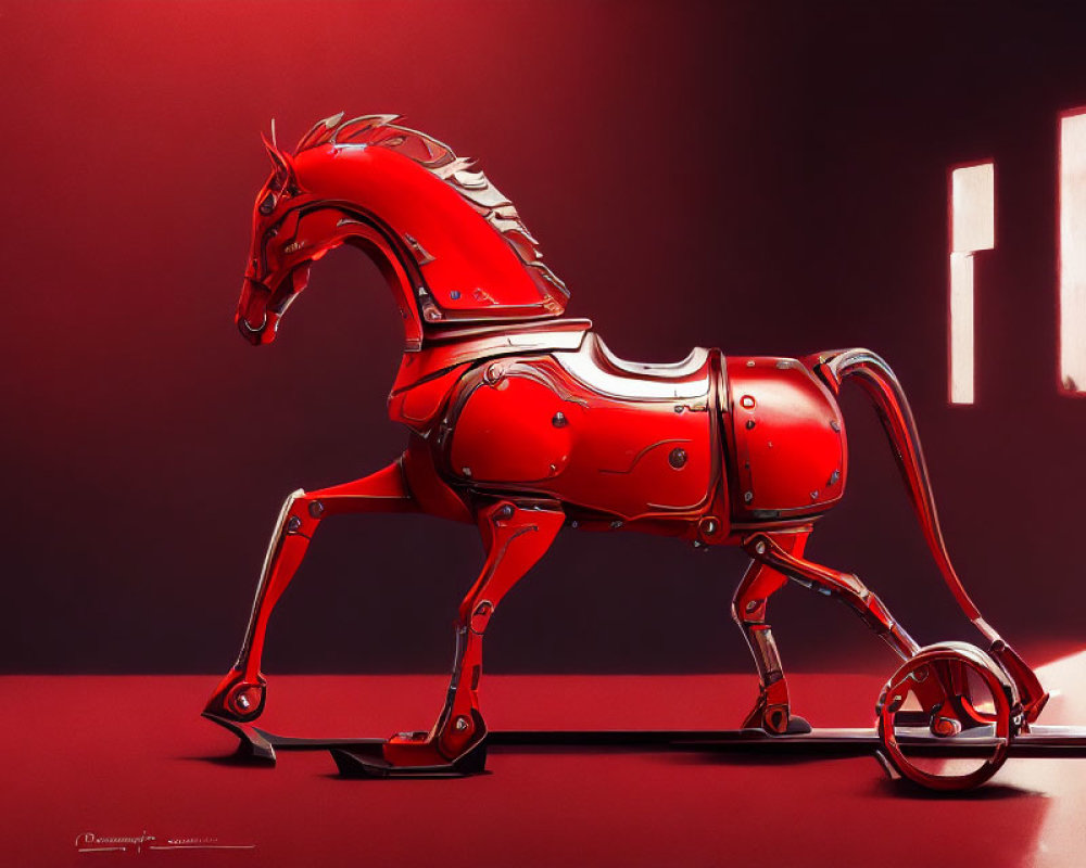 Red Mechanical Horse Sculpture on Monochromatic Background