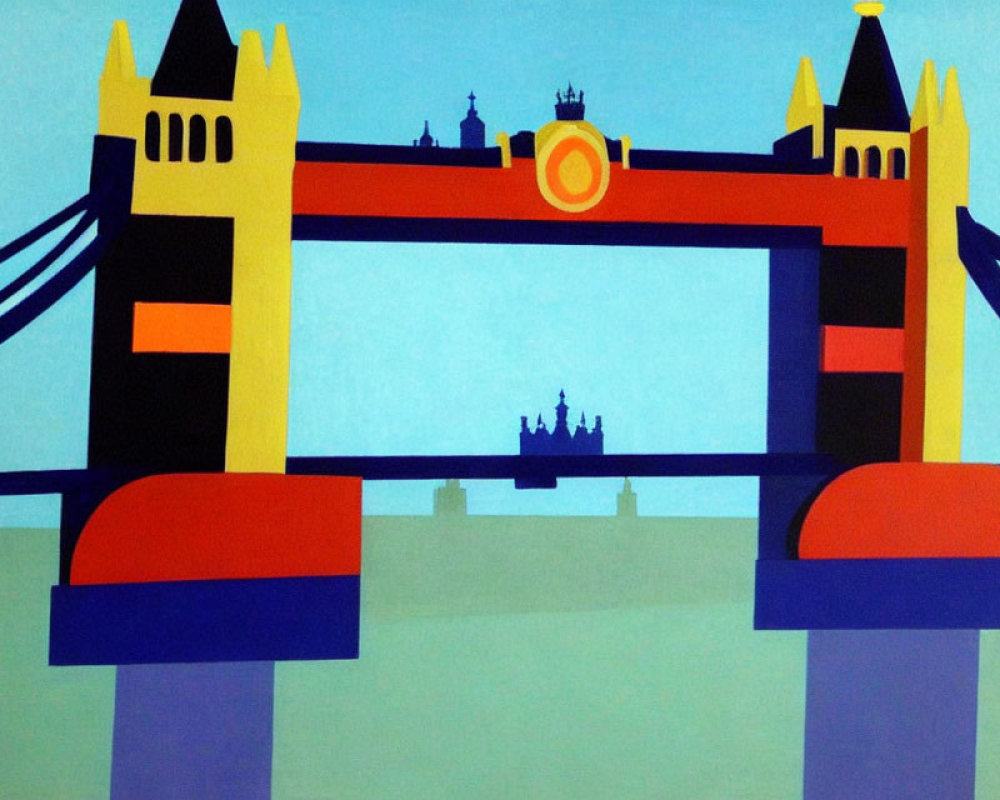 Colorful painting of a bridge with simplified shapes and vibrant blue and orange palette