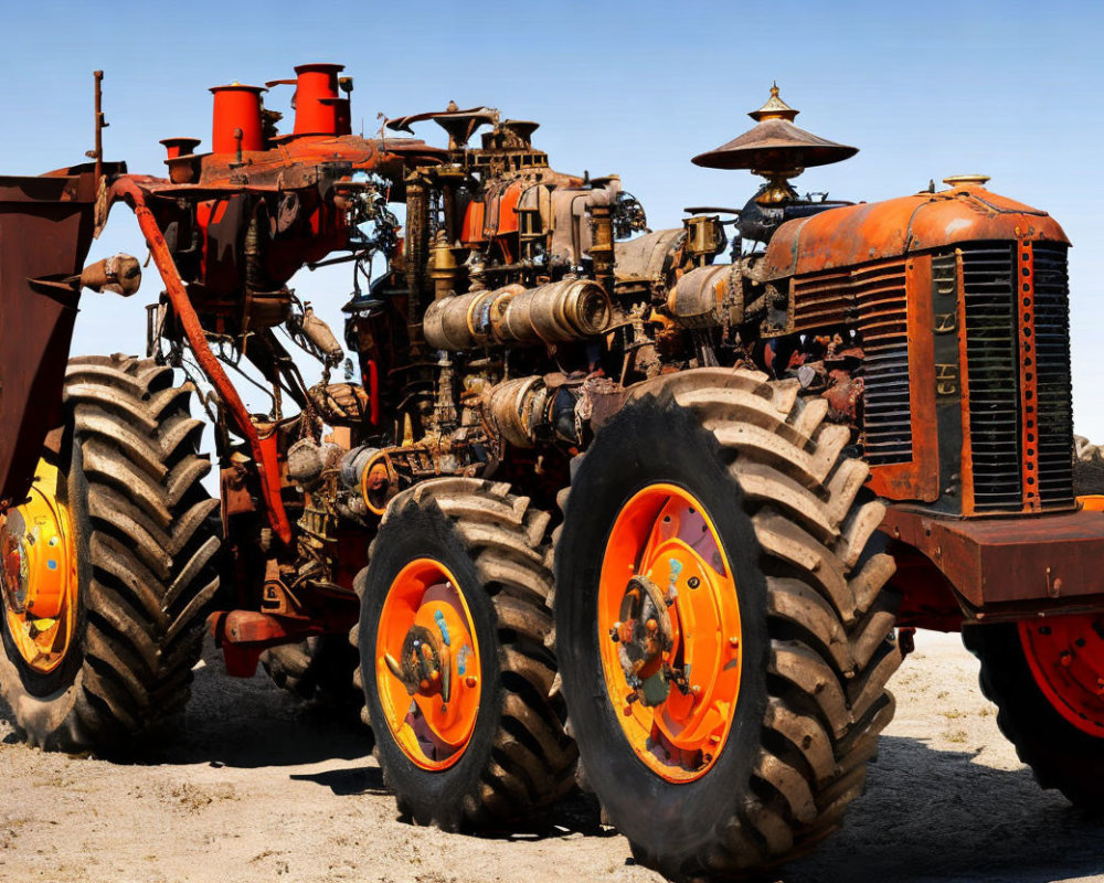 Vintage Orange Tractor with Large Rear Wheels and Exposed Engine