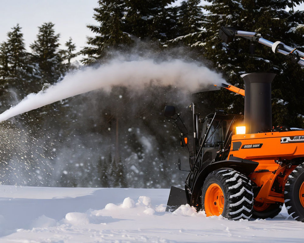 Powerful Orange Snow Blower Clearing Snow in Snowy Landscape