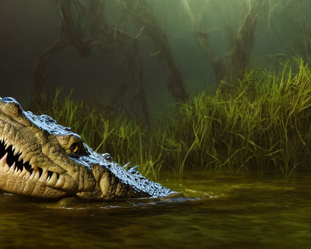 Crocodile with open jaws in murky waters under sunlight.