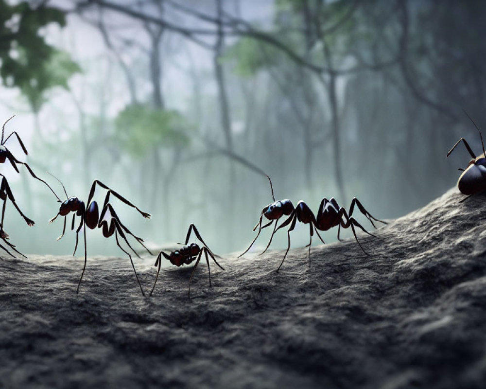 Ants on rock in misty forest: one lying down, others standing