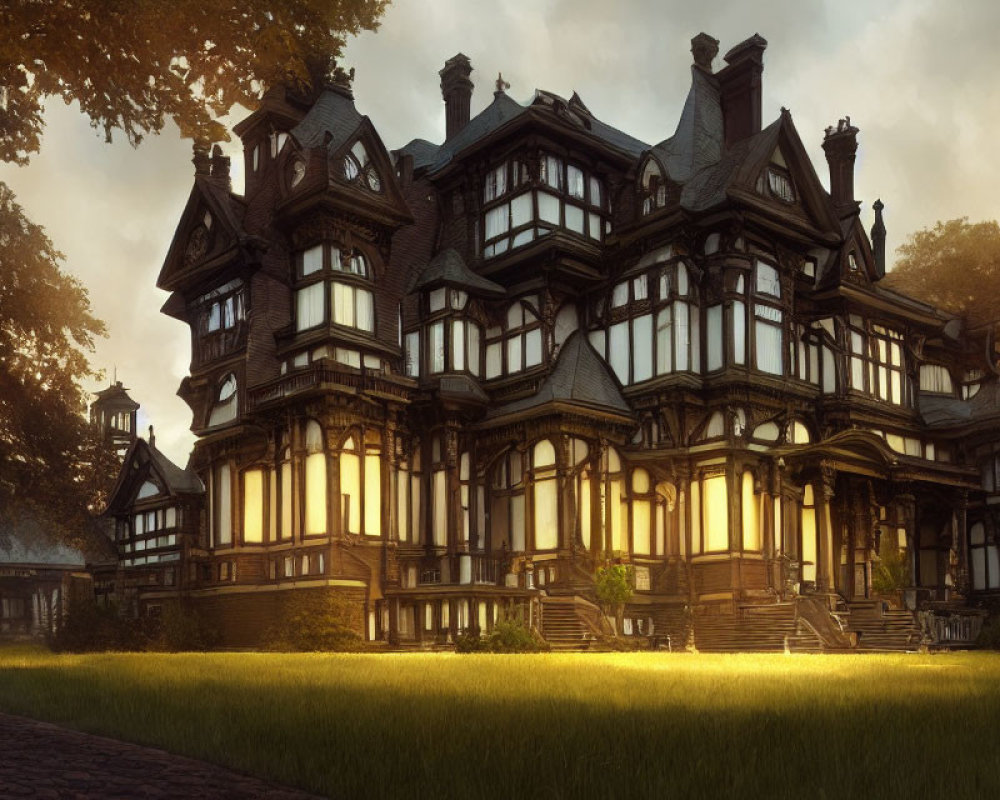 Victorian-style mansion at sunset with warm light and lush greenery