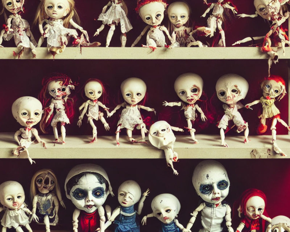 Collection of eerie, macabre dolls with unsettling expressions