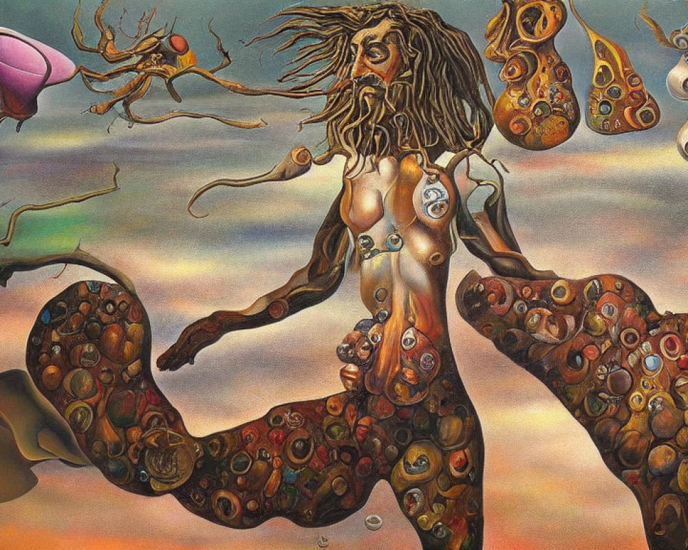 Surreal painting: Figure with branch hair, eyes on body, in dream-like landscape