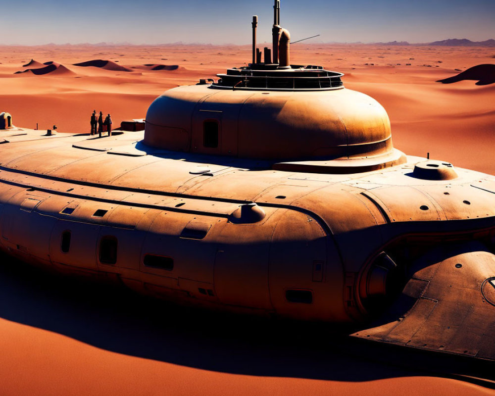 Futuristic building with dome and antennae in desert landscape with people nearby