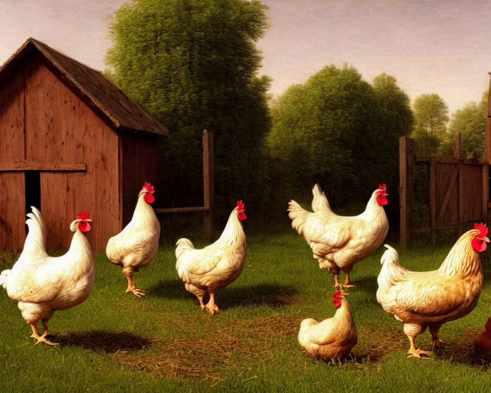 Rustic scene with five chickens in front of wooden barns