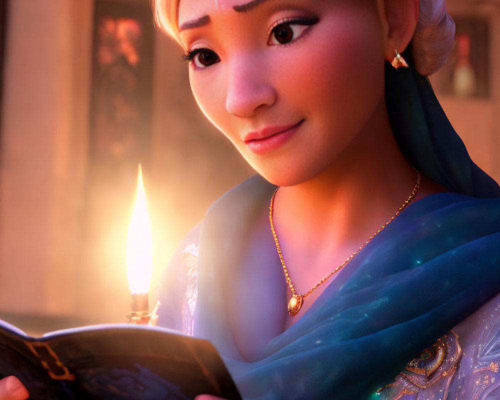 Princess-like animated character reading by candlelight