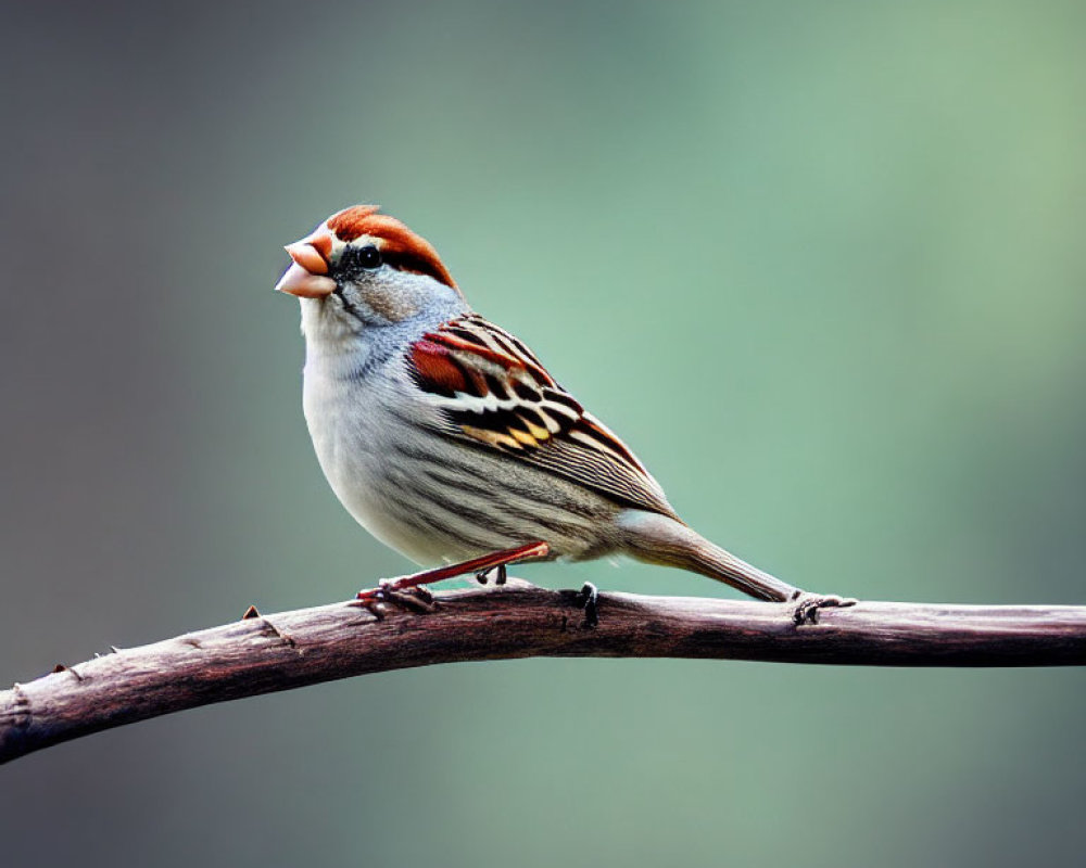 Brown, White, and Black Sparrow Perched on Branch in Green Setting