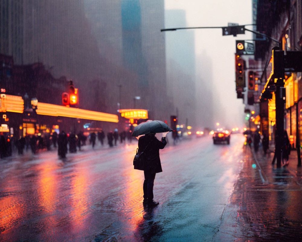 Urban street scene: person with umbrella in rainy city twilight