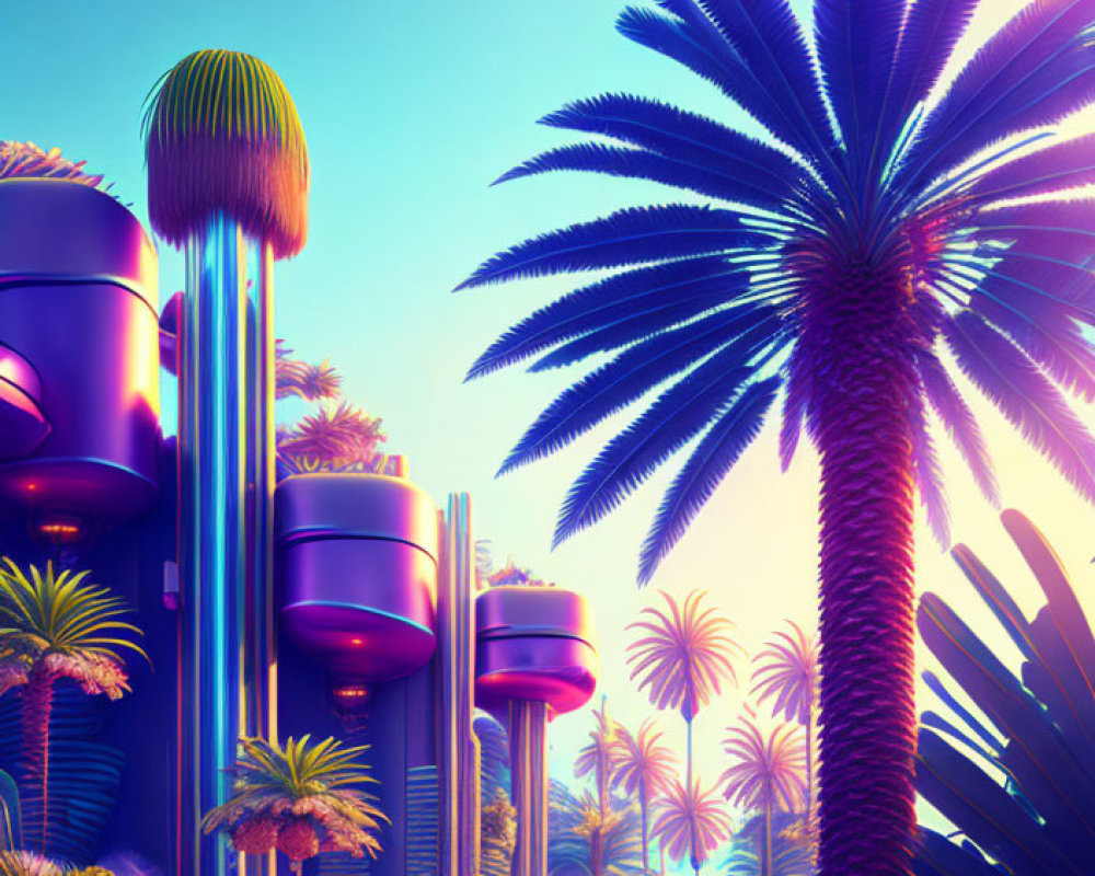 Colorful retro-futuristic cityscape with neon palms and stylized buildings against a pink and blue