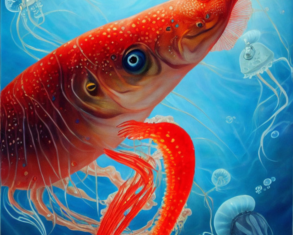 Surreal red fish with human-like eyes among jellyfish in oceanic scene