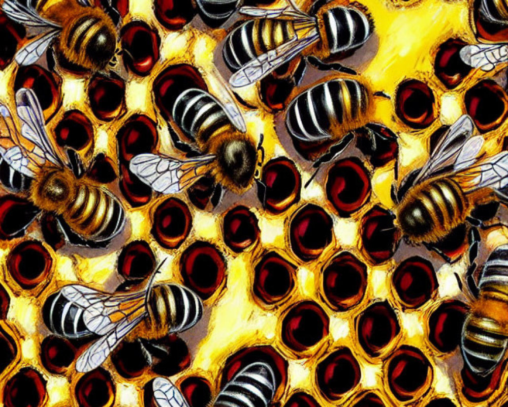 Detailed Illustration of Bees on Honeycomb with Golden Cells