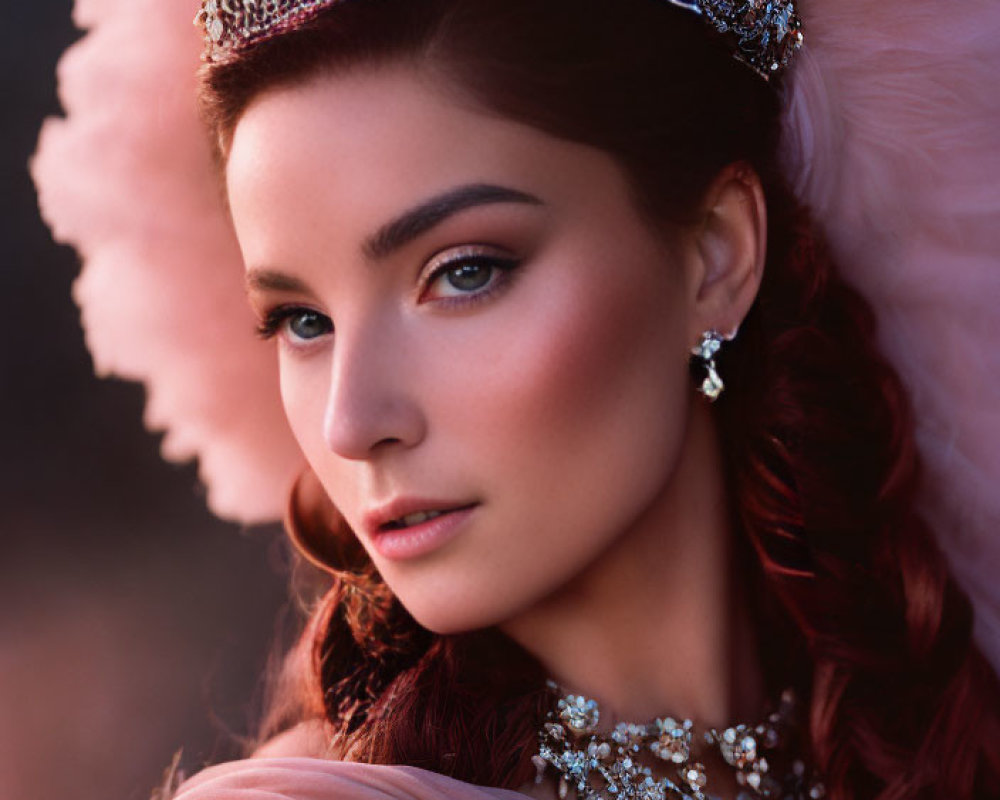 Woman with braided hairstyle, jeweled crown, pink outfit, and elegant earrings.